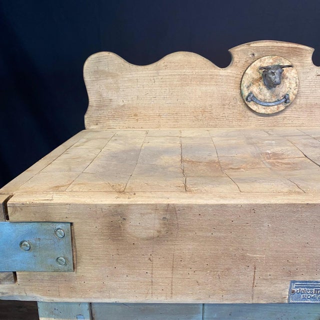 Wood Antique French Butcher’s Block Table With Bull’s Head Mount and Rare Paris Label For Sale - Image 7 of 18
