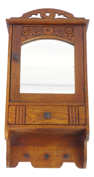 Small Wooden Cabinet with Arch Mirror, Carved Apothecary with Floral Details, Small Chest, Farmhouse Decor, 1940s