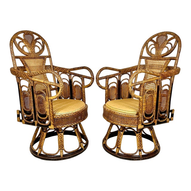Vintage Ornate Rattan Woven Caning Swivel Chairs- a Pair For Sale