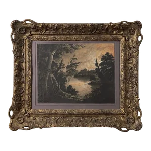 Antique 19th C. Continental Gouache Moonlit Riverscape, Framed (From Joseph Jefferson Collection)