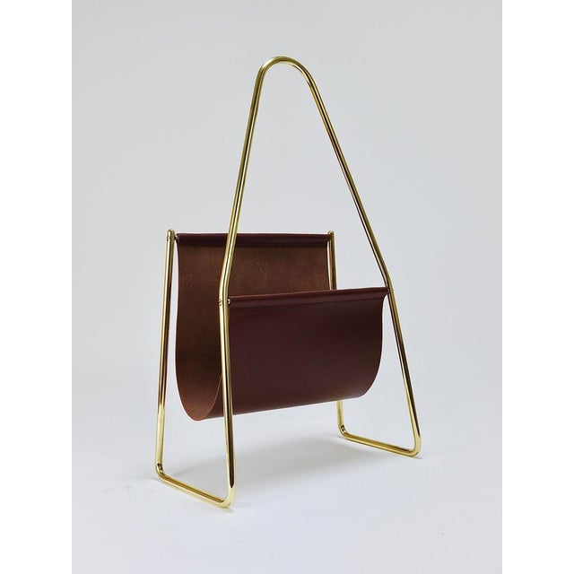 Mid-Century Modern Mid-Century Magazine Rack in Brass and Brown Leather attributed to Carl Auböck, Austria, 1950s For Sale - Image 3 of 18