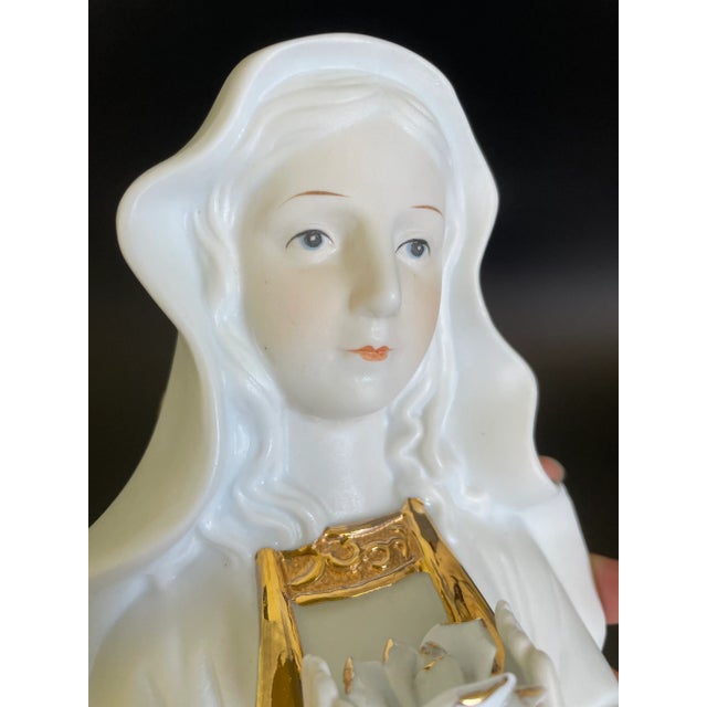 White Vintage Gold Gild Bisque Porcelain Madonna Virgin Mary Holding Rose Bust Figurine For Sale - Image 8 of 13
