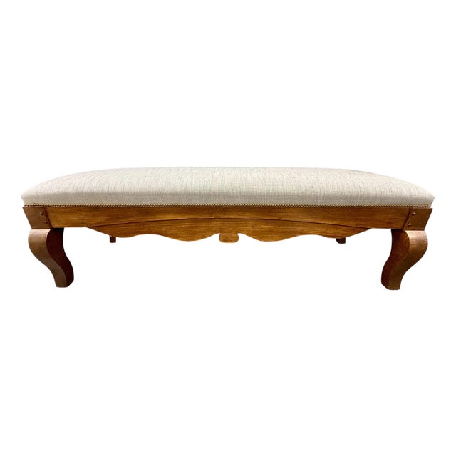 Louis XV–Style Upholstered Wall Bench With Sculptural Cabriole Legs and Nailheads For Sale