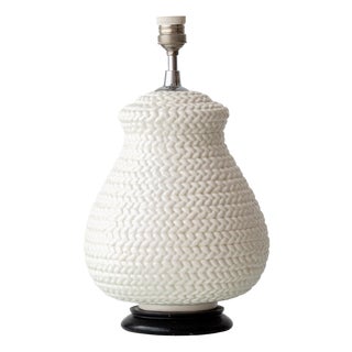 Faux Rattan Basketweave Table Lamp in White Ceramic from Manises, 1960s For Sale