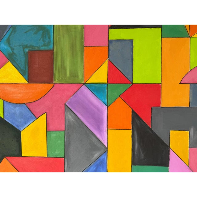 2003 Vintage Daniel Colorful Geometric Abstract Oil on Canvas Painting – Unframed For Sale - Image 9 of 10