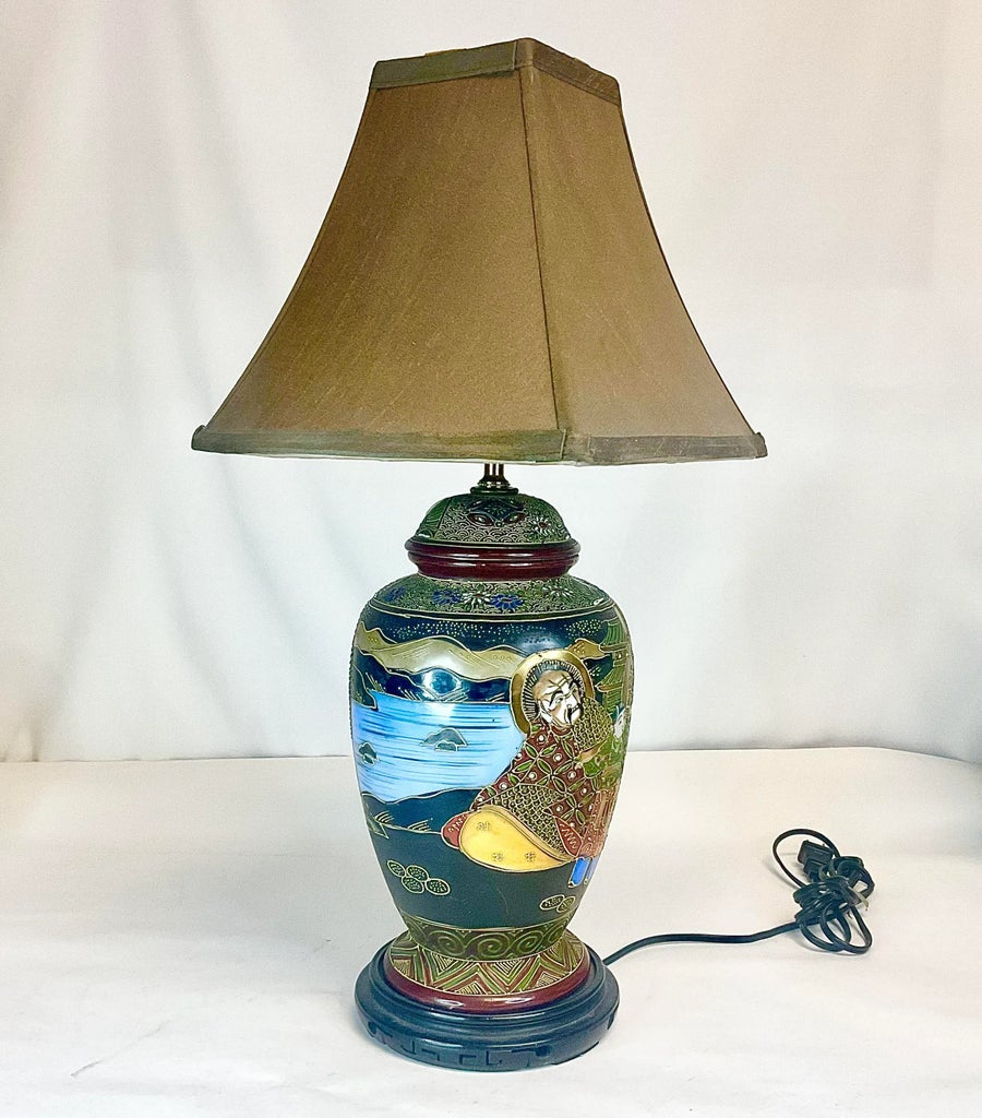 Mid Century Asian Chinoiserie Boho Chic Hand Painted Satsuma Table 