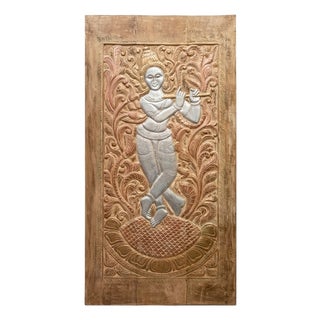 Antique Hand-Carved Wooden Krishna Relief Panel With Floral Motifs For Sale