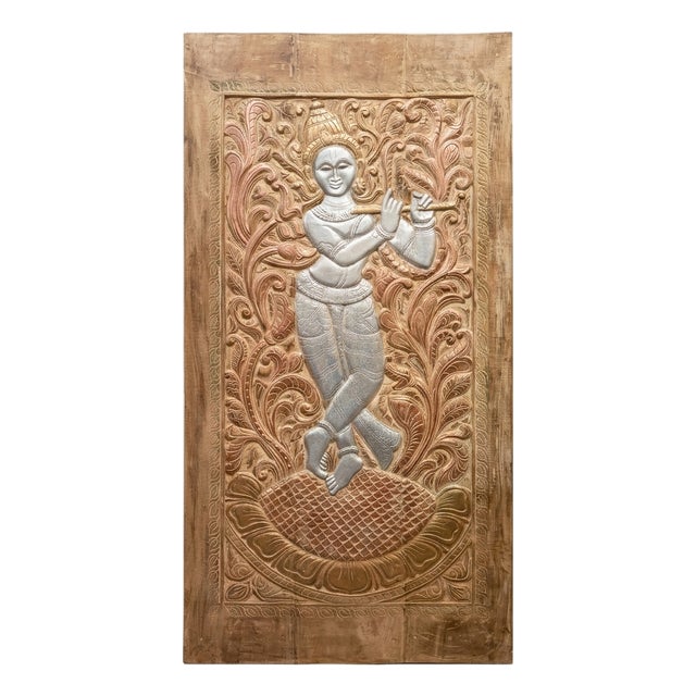 Antique Hand-Carved Wooden Krishna Relief Panel With Floral Motifs For Sale