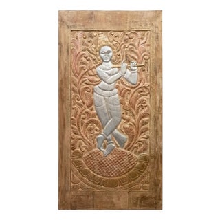 Midcentury Indian Hand-Carved Wooden Fluting Krishna Sculptural Wall Art Panel 84 For Sale