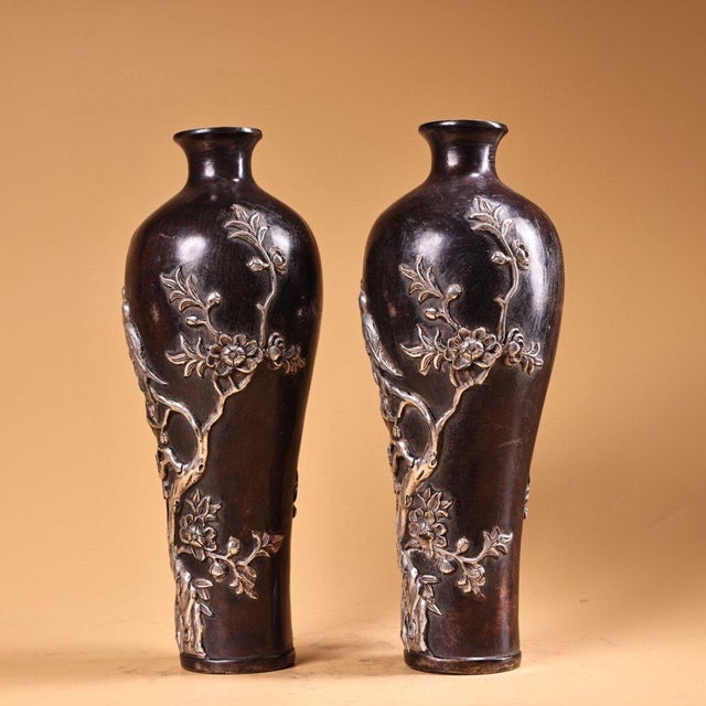 Pair of Vintage Chinese Copper & Silver Repoussé "Magpie & Plum Blossom" Mei Vases - 1120g Total For Sale - Image 4 of 10