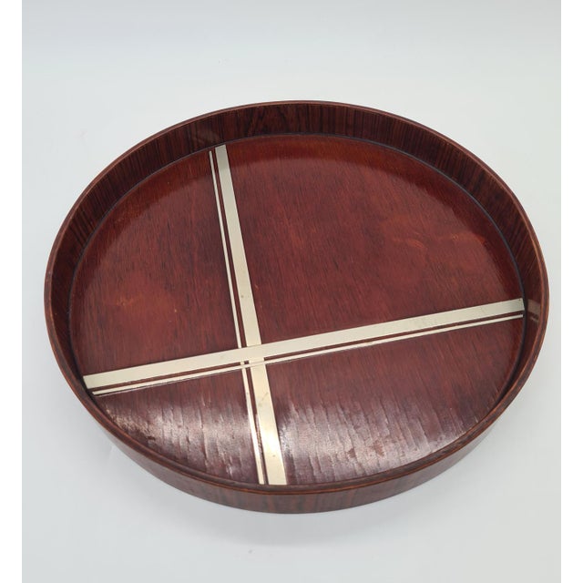 Art Deco Round Dark Veneer Tray with Metal Decoration, 1930s For Sale - Image 4 of 9