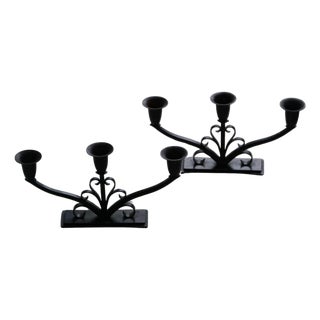 Early 20th Century Art Deco Danish Metal Three-Arm Candelabra, 1930s, Set of 2 For Sale