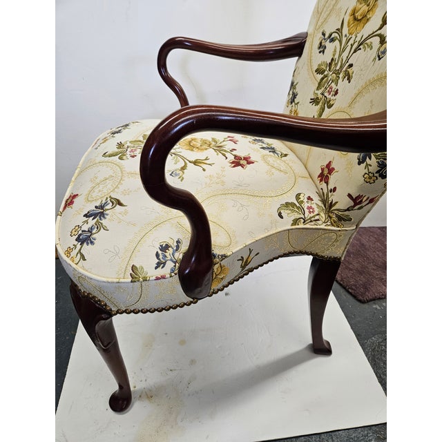1980s Mahogany Queen Ann Style Chair With Shepards Crook Arms and Custom Scalmandre Silk Upholstery For Sale - Image 5 of 7