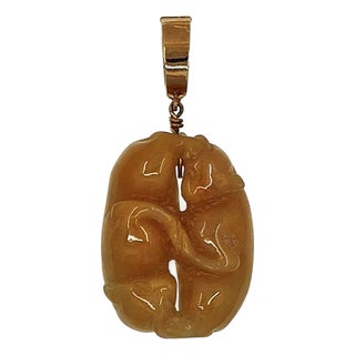 18k Gold Yellowish Orange Carved Jade Animal Pendant Enhancer For Sale
