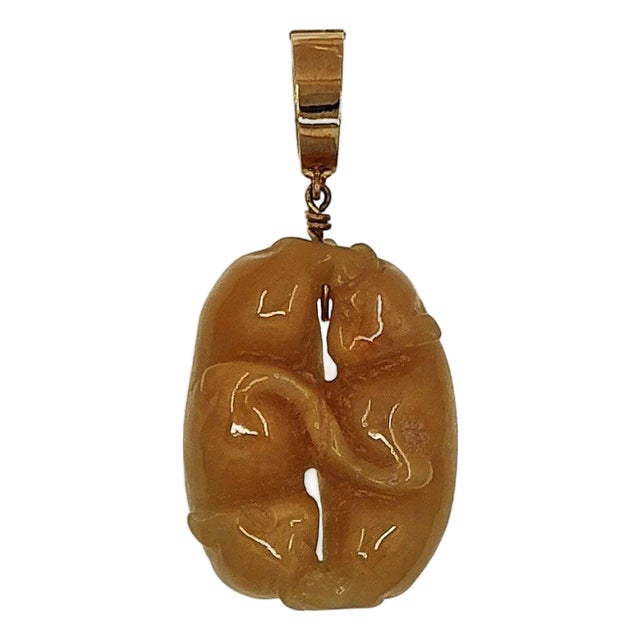 18k Gold Yellowish Orange Carved Jade Animal Pendant Enhancer For Sale