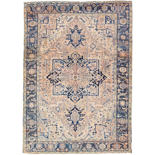 Textile 1920s Peach Antique Persian Heriz Handmade Medallion Wool Rug For Sale - Image 7 of 7