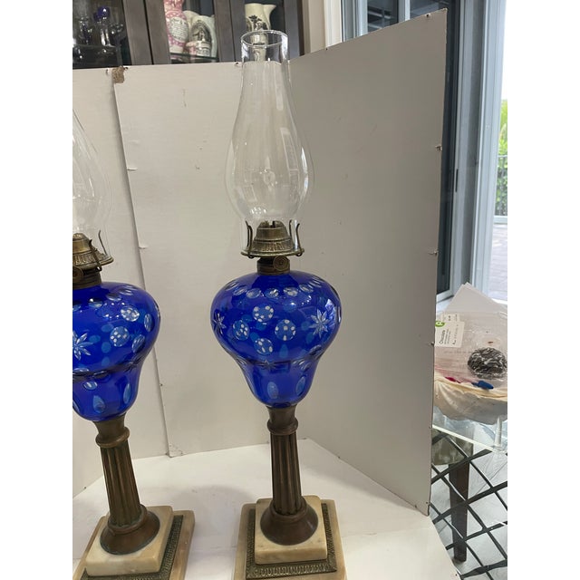 Late 19th Century Cut to Clear Cobalt Blue Oil Lamps W/Brass & Marble Bases - a Pair For Sale - Image 12 of 12