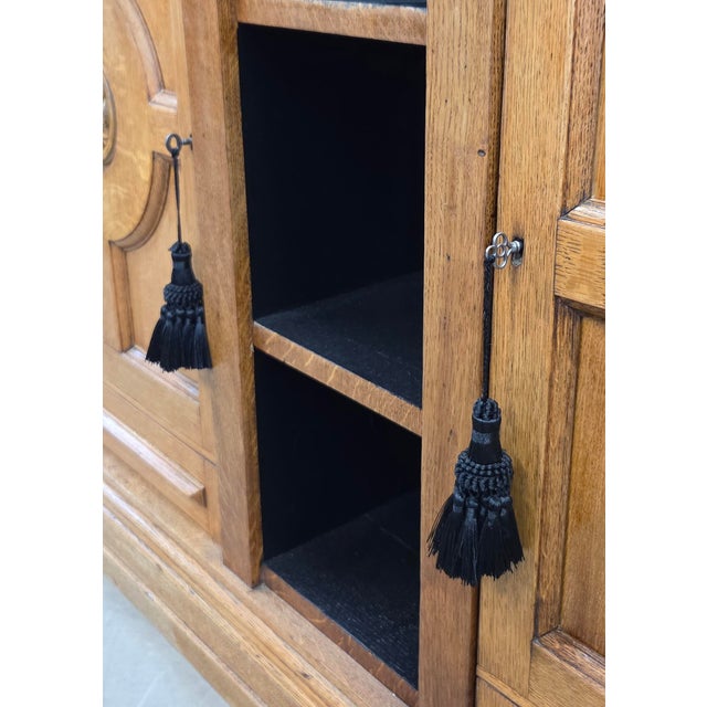 Wood Antique Early 1900s Oak Console Cabinet With Doors, Shelves and a Marble Top For Sale - Image 7 of 18