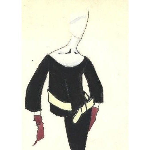 Mid-Century Modern 1950 Mid-Century Original French Fashion Drawing in Gouache For Sale - Image 3 of 4