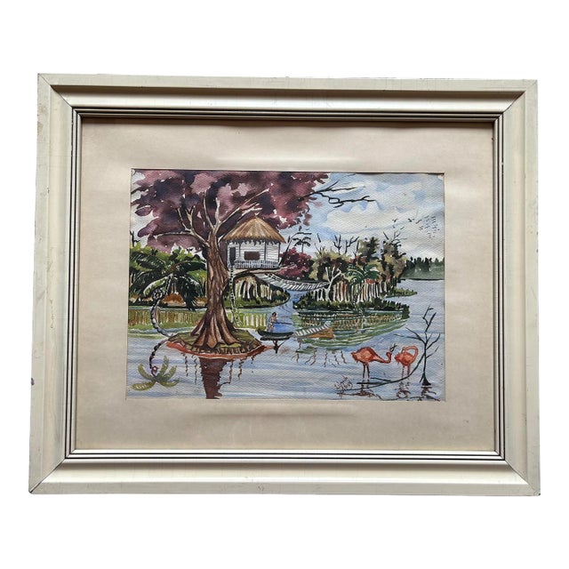 Antique Framed Watercolor Coastal Landscape With Pink Flamingos For Sale