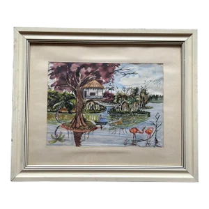 Antique Framed Watercolor Coastal Landscape With Pink Flamingos