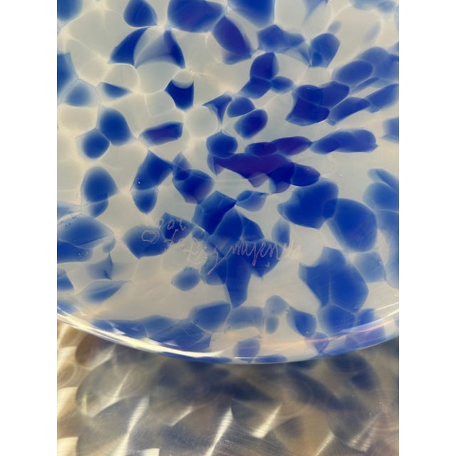 Glass Circa 2000 Michael Fod Speckled Blue With White & Black Handles Vessel, Signed For Sale - Image 7 of 12