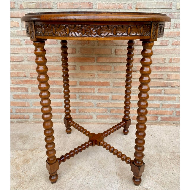 1930s Spanish Round Carved Wood Side Table With Bobbin Turned Legs For Sale - Image 4 of 10