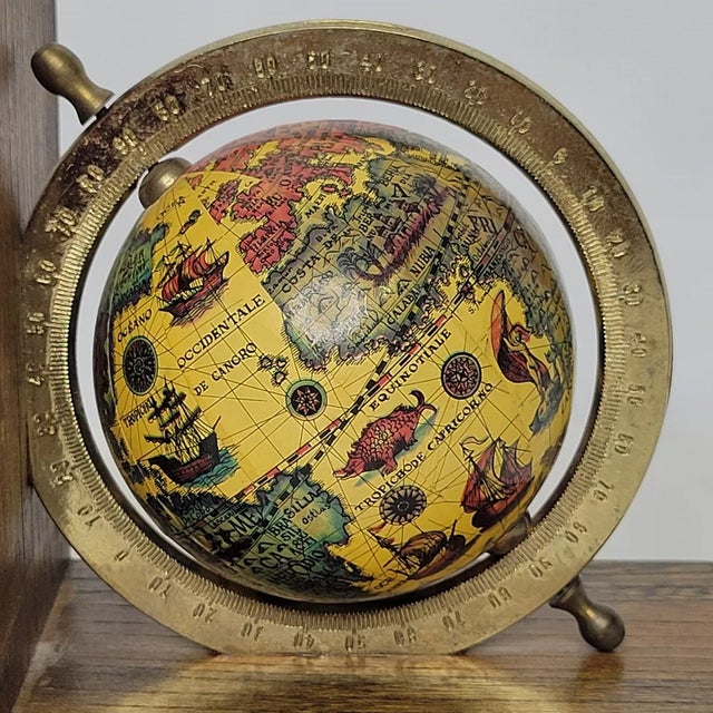 Vintage Wooden Brass Spanish Terrestrial World Globe Bookends - a Pair For Sale - Image 4 of 5