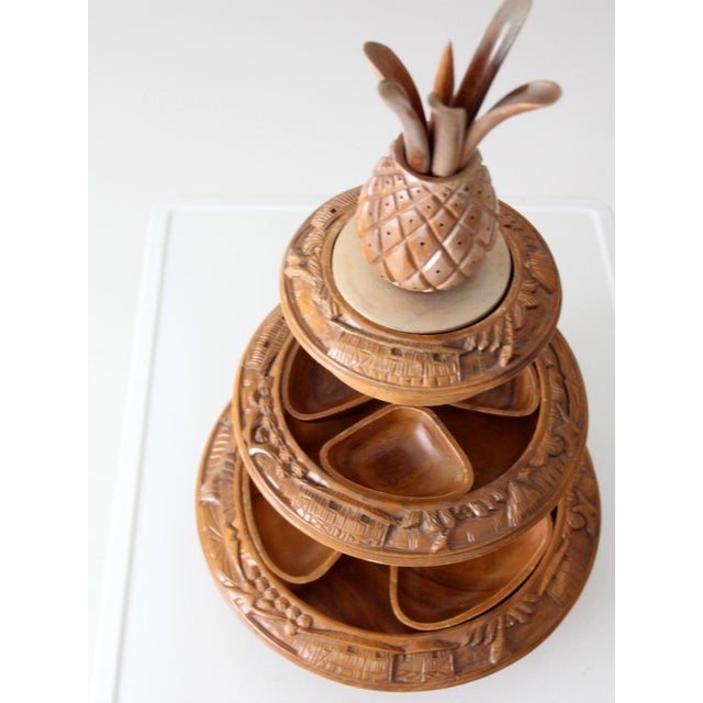 Vintage Mid-Century Carved Wood Tiered Lazy Susan With Pineapple Finial For Sale - Image 14 of 17