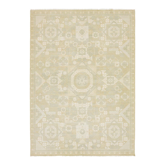 10x14 Modern Khotan Style Geometric Area Rug in Soft Sage & Ivory Wool For Sale