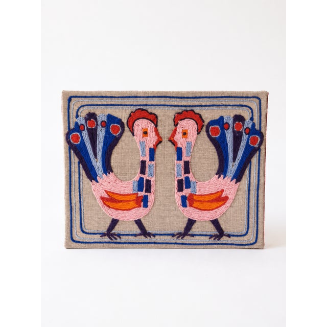 Vintage Scandinavian Folk Art Yarn Painting on Raw Linen, 1950s For Sale - Image 9 of 9