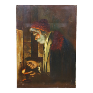 20th Century Dutch School Oil Painting Old Man With Oil Lamp A. Moreno 28"