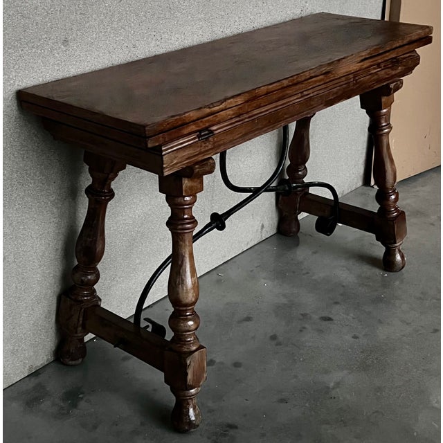 20th Century Spanish Console Fold Out Farm Table With Iron Stretcher For Sale In Miami - Image 6 of 11