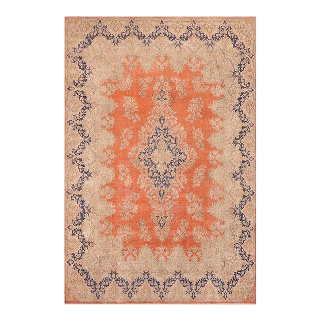 Shabby CHic 1990's Vintage Orange/Blue Wool Rug - 9'8'' X 12'11'' For Sale