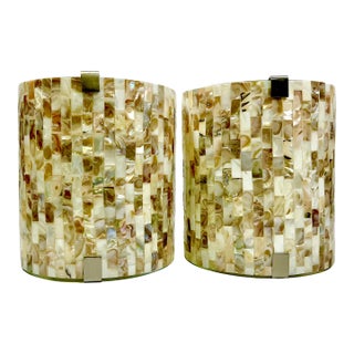 1980s Vintage Boho Chic Coastal Capiz Shell Mosaic Chips on Arched Glass Wall Sconces - A Pair For Sale