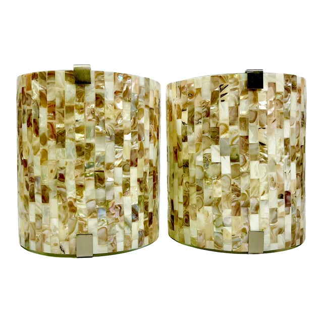 1980s Vintage Boho Chic Coastal Capiz Shell Mosaic Chips on Arched Glass Wall Sconces - A Pair For Sale