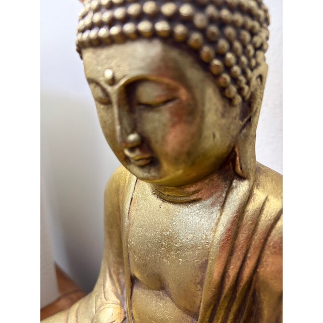 Ceramic Gold Tone Sitting Buda Statue on Wood Base For Sale - Image 11 of 11
