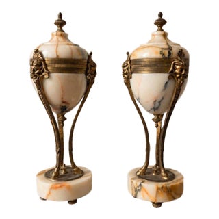 Pair Antique French Marble & Bronze Urns Neoclassical Cassolettes Empire Garniture Mantel Decor Lidded Decorative Urns For Sale