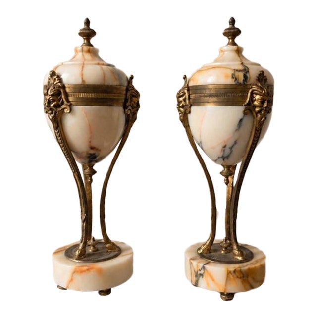 Pair Antique French Marble & Bronze Urns Neoclassical Cassolettes Empire Garniture Mantel Decor Lidded Decorative Urns For Sale