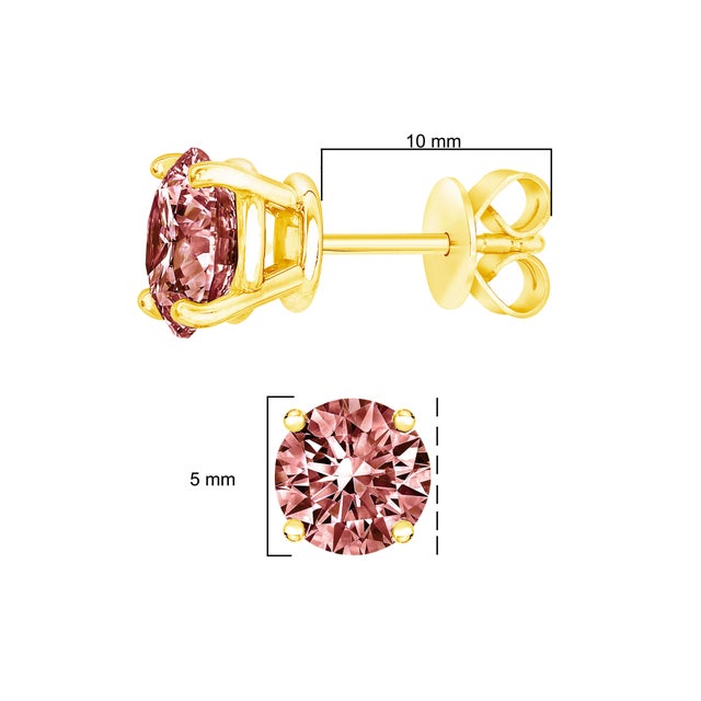 Haus of Brilliance 14K Yellow Gold 1.00 Cttw Round Brilliant Cut Lab Grown Pink Diamond 4-Prong Classic Solitaire Earrings (Pink Color, VVS2-VS1 Clarity) For Sale - Image 4 of 6