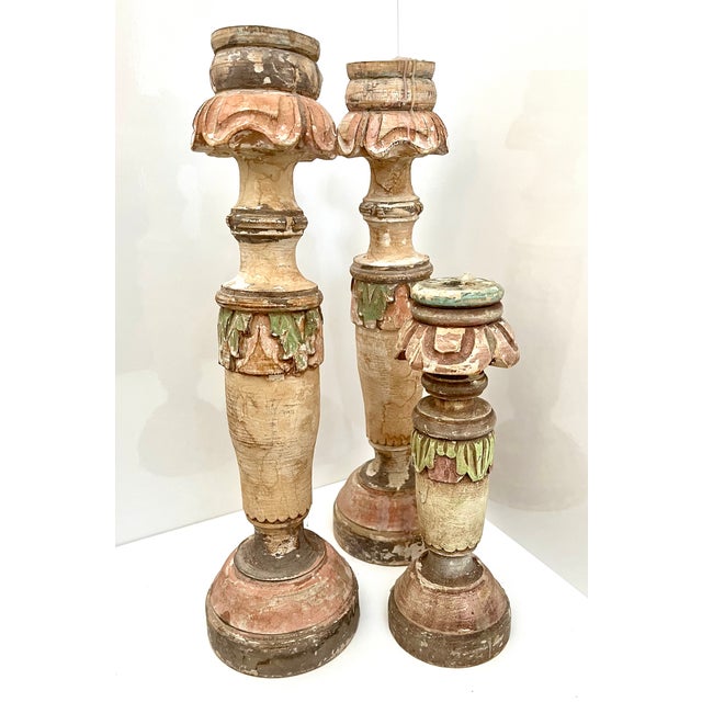 European Chic - Romantic Trio of Hand Carved and Painted Wooden Candle Holders as floor or decorative surface accent....