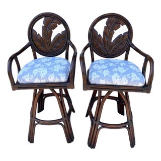Beautiful Rattan Wood Swivel Bar Stools – Carved Palm Tree Back – Set of 2 Tommy Bahama Style For Sale