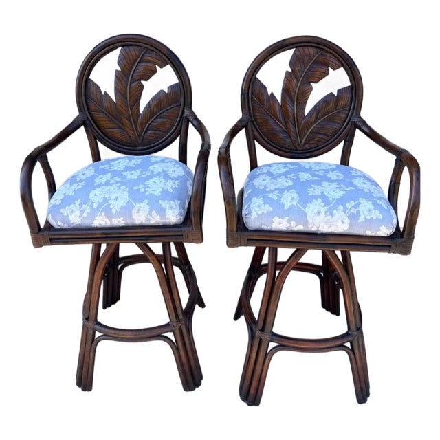Beautiful Rattan Wood Swivel Bar Stools – Carved Palm Tree Back – Set of 2 Tommy Bahama Style For Sale