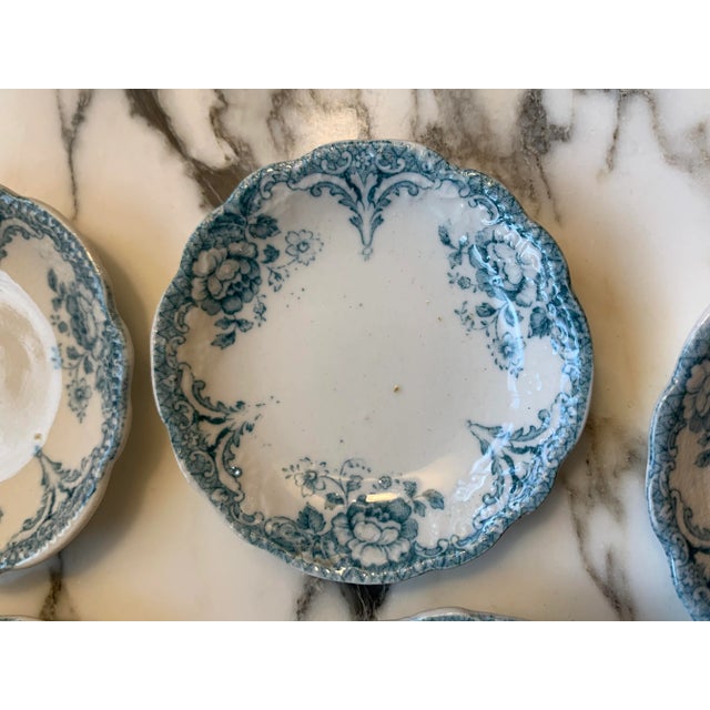 White Antique Allertons English Teal Transferware Scalloped Butter Pats Set of 8 For Sale - Image 8 of 12