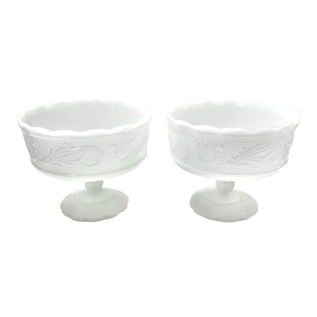 1940s Matching Milk Glass Compotes Fruit Bowls - A Pair For Sale