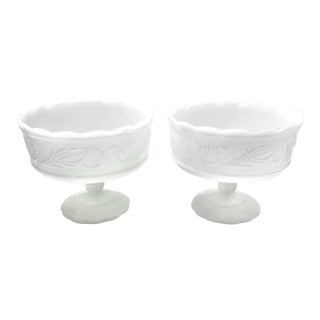 Vintage Milk Glass Pedestal Compotes – Scalloped Dessert Bowls, Wedding Decor, Pair For Sale