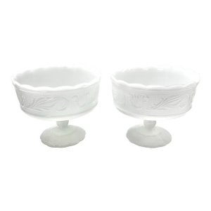 Vintage Milk Glass Pedestal Compotes – Scalloped Dessert Bowls, Wedding Decor, Pair