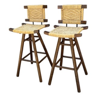 Mid 20th Century Victor Courtray Style Zebra Wood Woven Swivel Bar Stools - A Pair For Sale