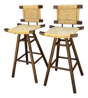 Mid 20th Century Victor Courtray Style Zebra Wood Woven Swivel Bar Stools - A Pair