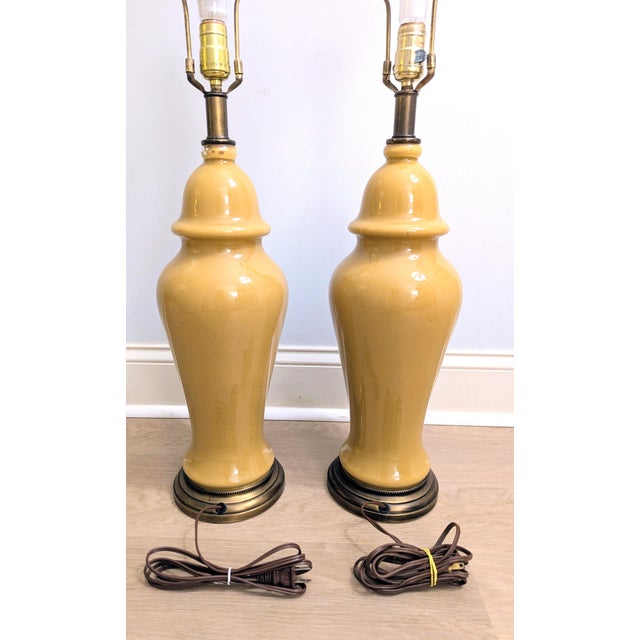 Mid-Century Modern Mid Century Yellow Ceramic Lamp Pair Ginger Jar Style For Sale - Image 3 of 11